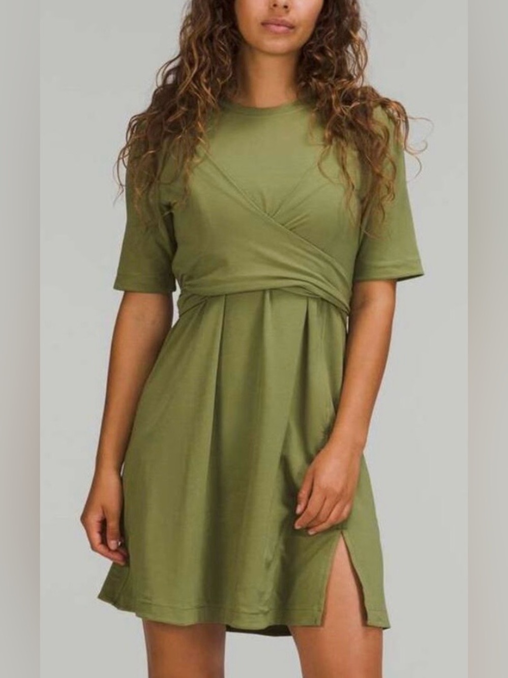 LULULEMON ATHLETICA dress olive green short sleeve faux wrap top midi NEW size 2 - Picture 1 of 12